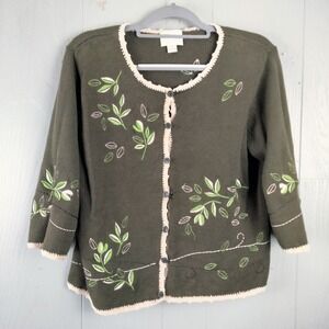 Vintage Hand Crochet Cardigan Sweater Womens M Floral Embroidered‎ Cottagecore